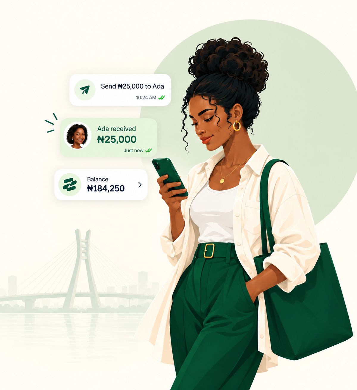 A woman using Zuka on her phone with payment confirmation and balance updates beside her